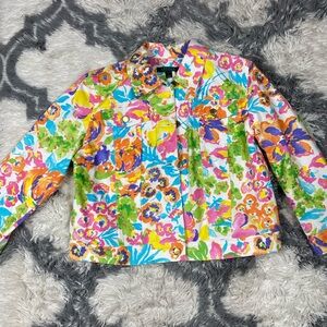 Ralph Lauren Floral Multicolor Watercolor Floral Denim Jacket large Gold Buttons